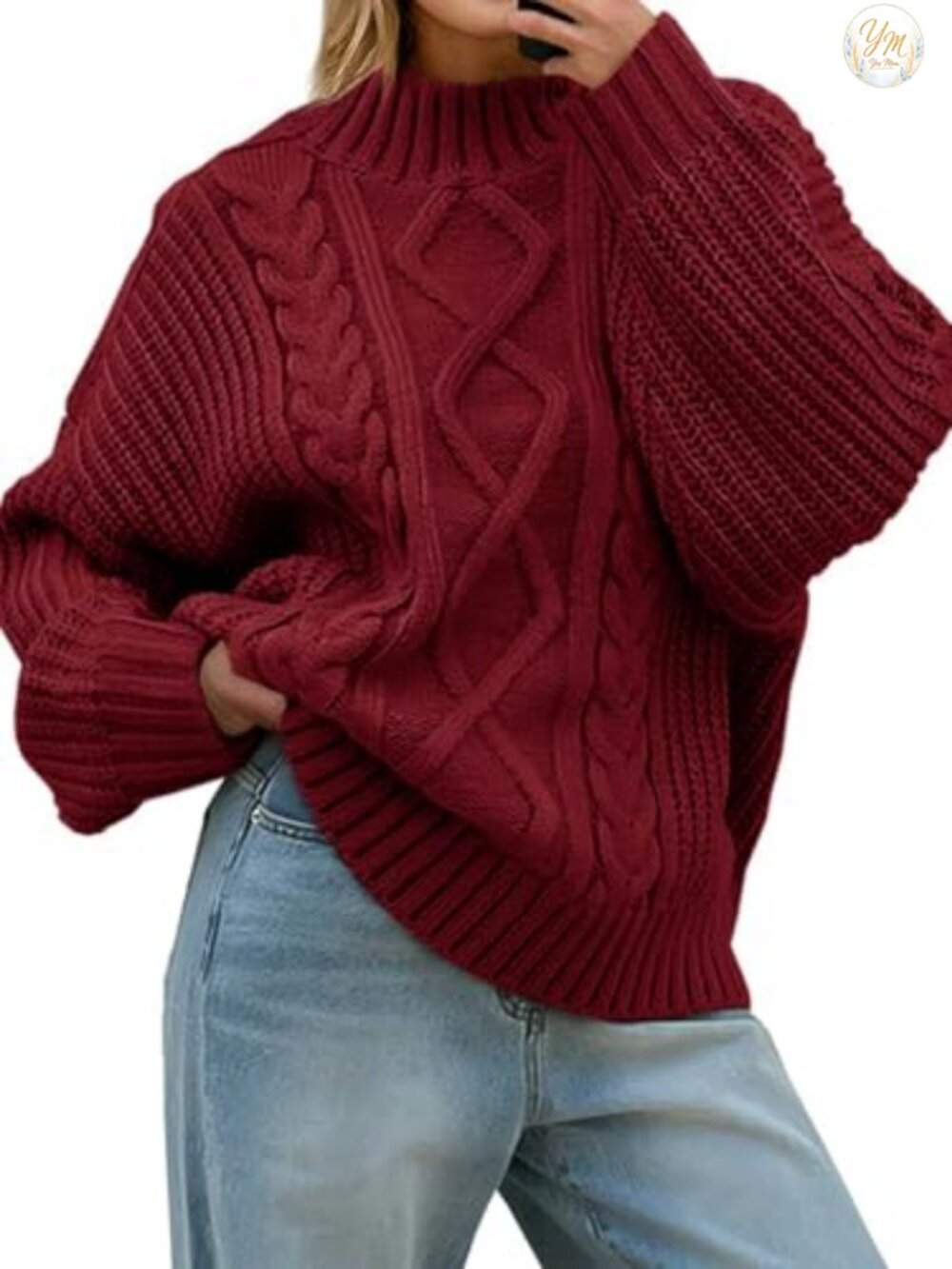 Oversized Cable Knit Turtleneck Button Pullover Sweater